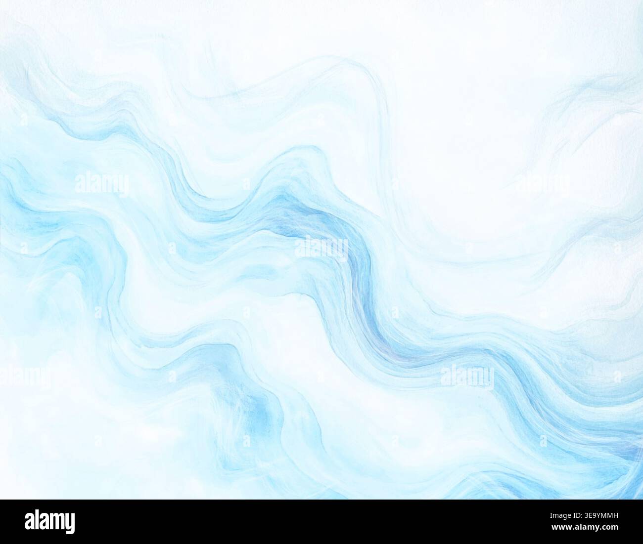 Sfondo blu, onde e vento. L'illustrazione ad acquerello è disegnata a mano. Nebbia o fumo, le profondità del mare, nel tema dell'estate, vacatio Foto Stock