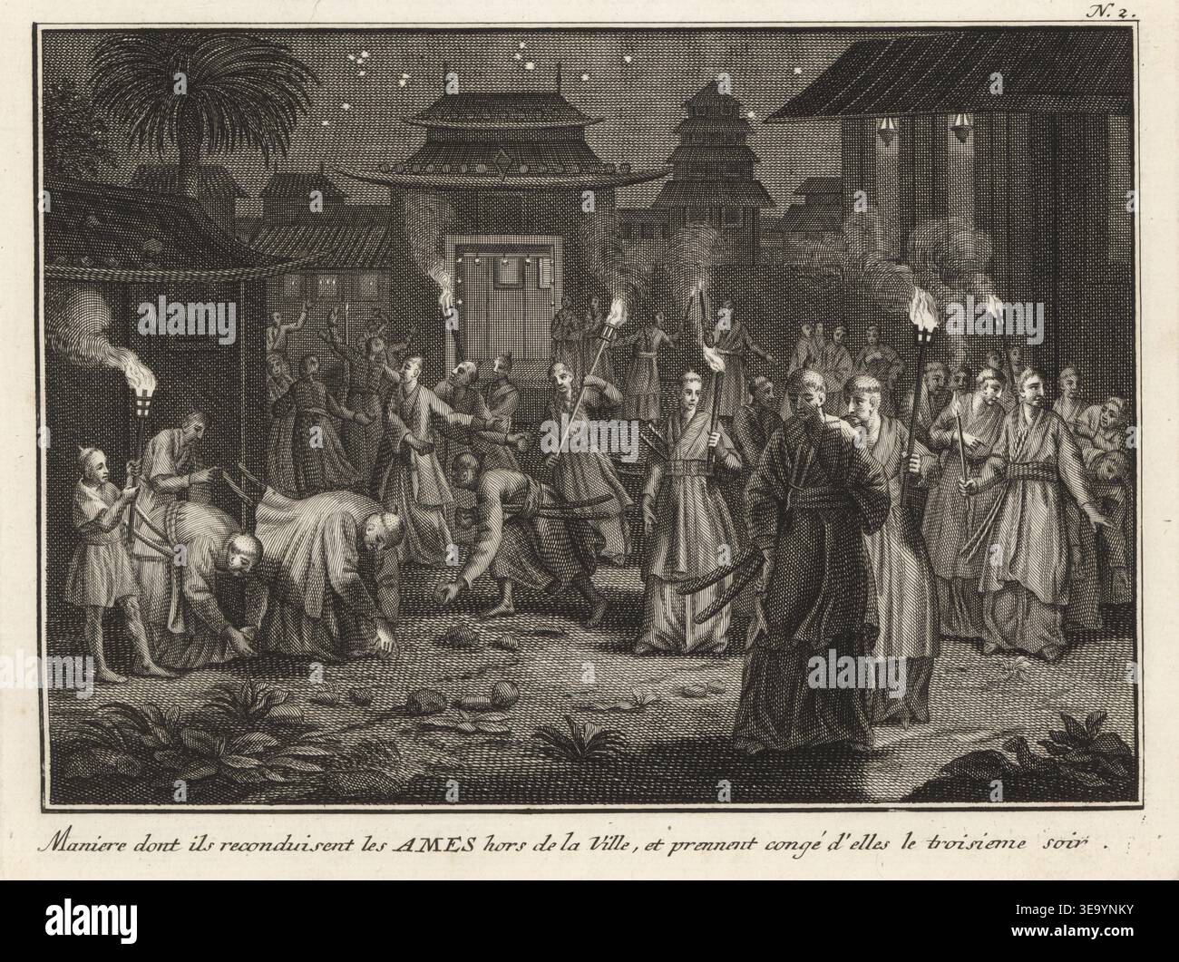 I giapponesi celebrano il Bon Festival, in cui onorano i loro morti. La terza notte, le anime vengono portate fuori dalla città con delle torce e liberate. Maniere non è un'ils reconduisent les Ames hors de la Ville et prennent conge d'elles le troisieme soir. Incisione su lastra di rame di David Herrliberguer dopo un'illustrazione di Bernard Picard da Les Ceremonies Religieuses de Tous les Peuples du Monde, cerimonie religiose di tutti i popoli del mondo, Chez David Herrliberguer, Zurigo, 1750. Foto Stock