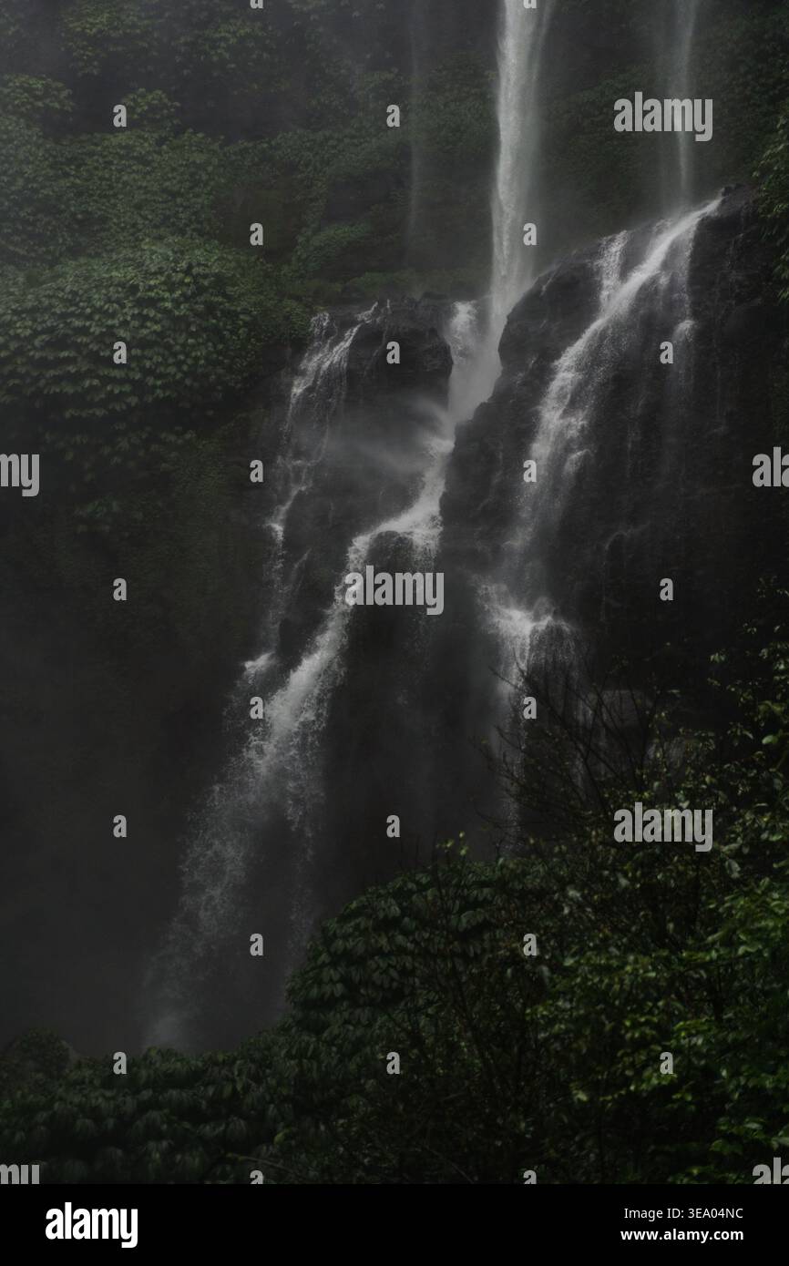 Numerose cascate che si arrampicano su rocce muschiate a Sekumpul, Bali Foto Stock