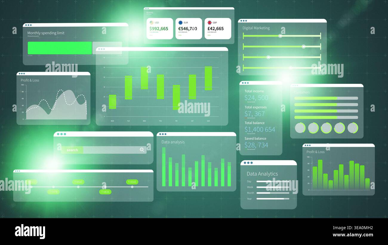 Grafico aziendale digitale che mostra i dati finanziari e le metriche delle prestazioni in un layout moderno Foto Stock