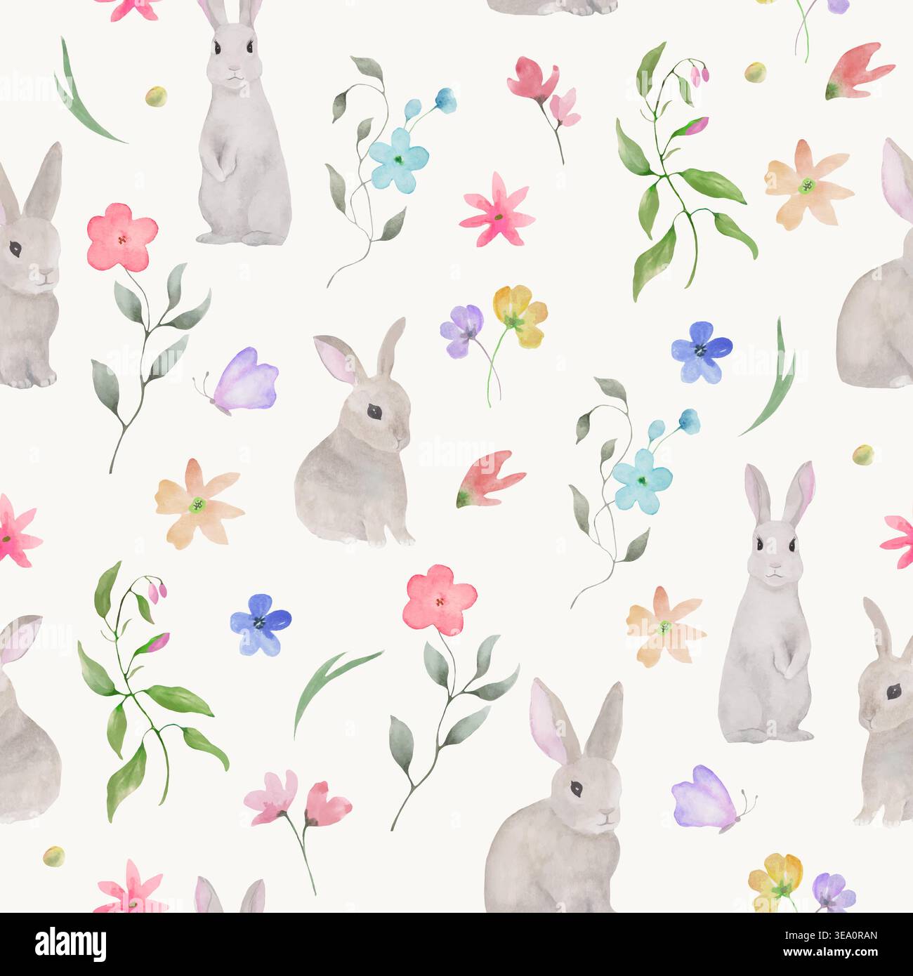 Motivo ad acquerello senza cuciture con conigli disegnati a mano e fiori colorati. Sfondo botanico coniglietto pasquale per tessuti per bambini, arredamento per vivai, EPS vettoriale. Illustrazione Vettoriale
