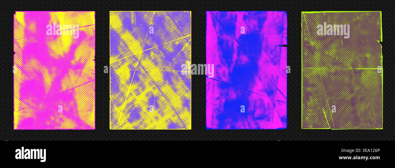 Sfondo astratto per illustrazione vettoriale al neon punk con texture di vernice grunge, punti mezzitoni ed elementi artistici poster in difficoltà Illustrazione Vettoriale