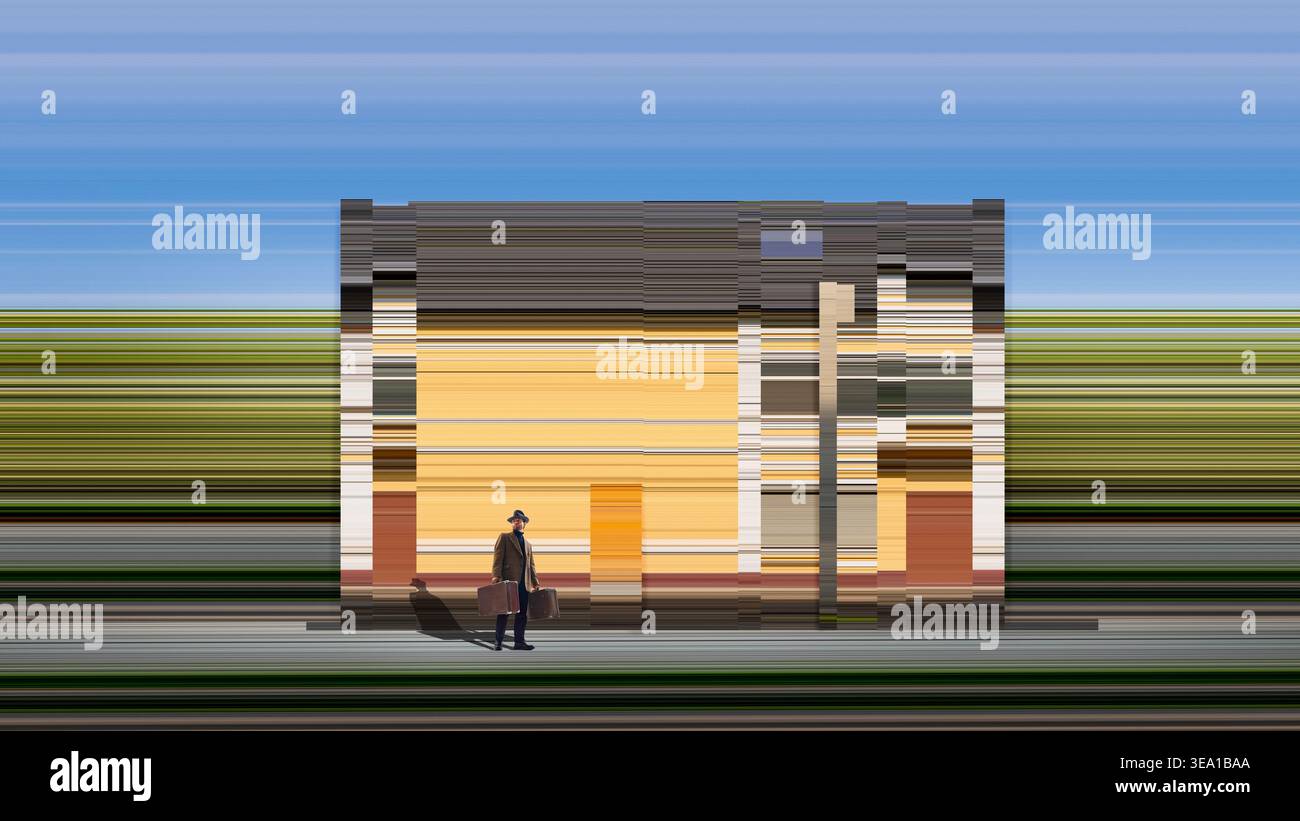 Uomo in possesso di valigie davanti a un paesaggio astratto con forme di costruzione distorte e linee orizzontali. Foto Stock