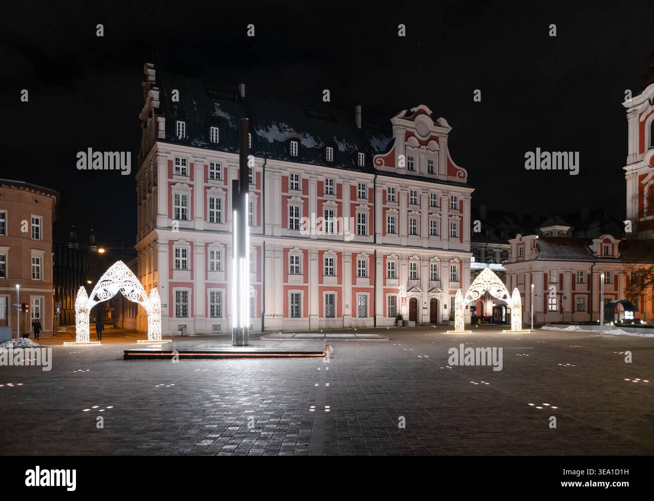 Gesuita College a Poznan di notte. Un'ampia foto notturna dell'ex Collegio dei Gesuiti (ora Municipio di Poznan) con la sua facciata barocca rosa e bianca. Foto Stock