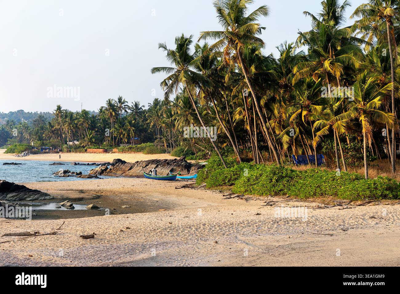 Spettacolare costa incontaminata, le migliori spiagge a sud della città di Kannur in Kerala in India, paradiso tropicale spiaggia sabbiosa Foto Stock