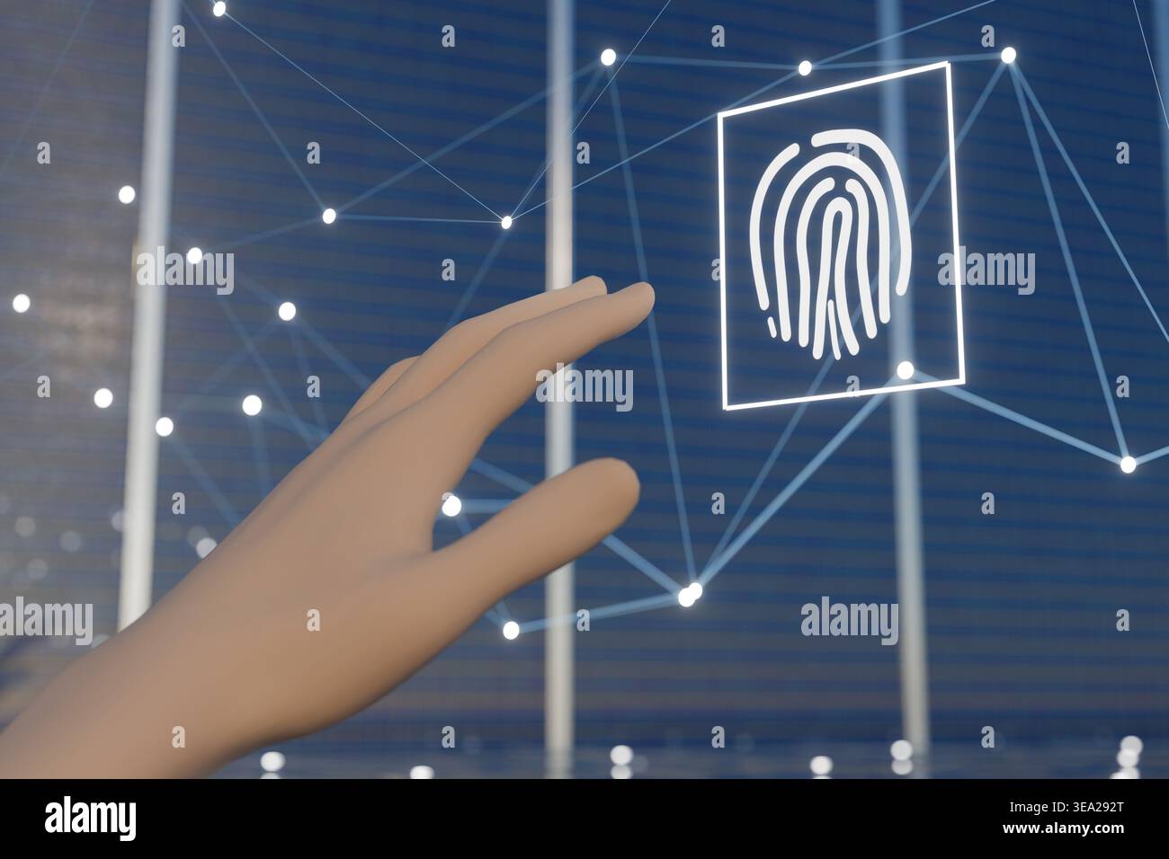 Un'illustrazione concettuale in 3D di una mano umana che si avvicina a un'icona luminosa di impronte digitali all'interno di una complessa rete di nodi e linee. Foto Stock