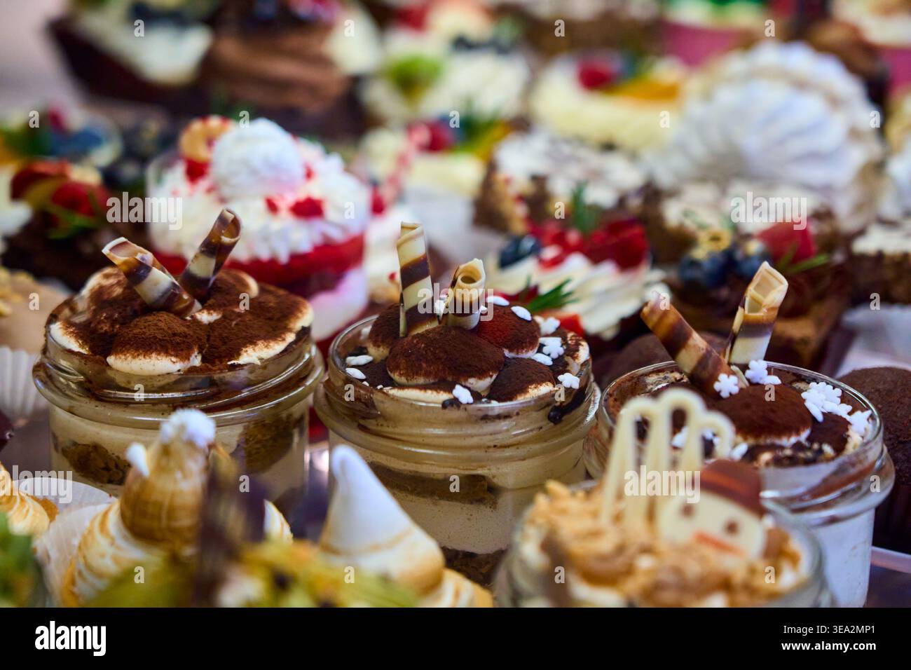 Mini dessert assortiti in vasetti di vetro e pasticceria in mostra. Tiramisù con rotoli di cioccolato e torte cremose con frutti di bosco. Buffet dolce. Foto Stock