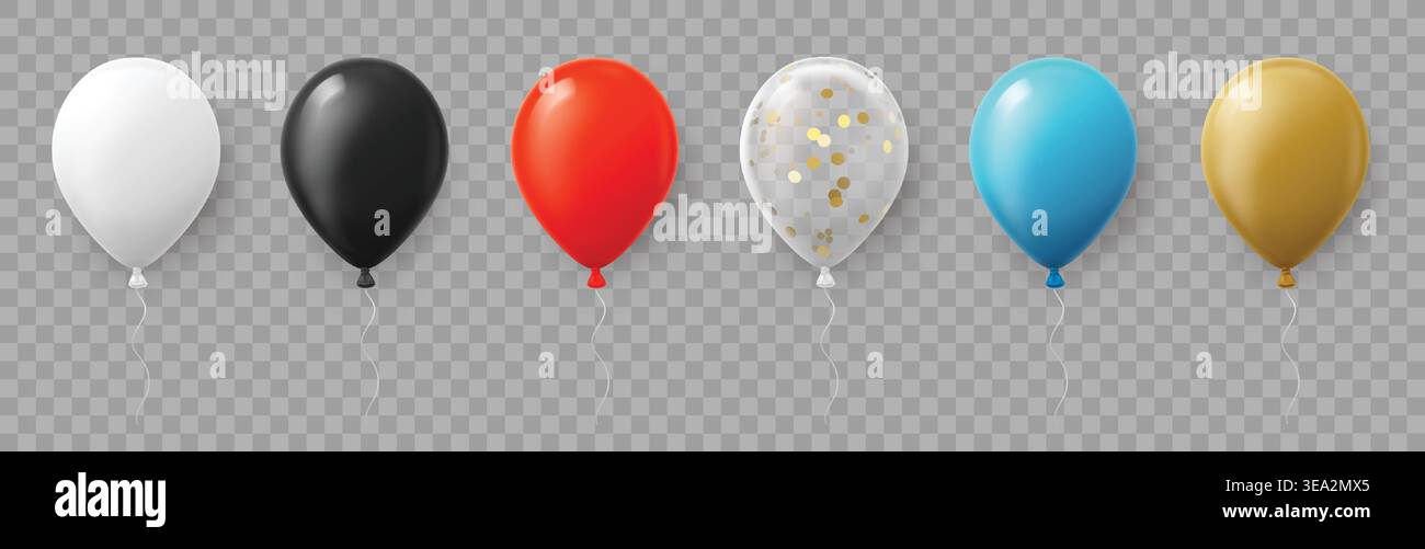 Set vettoriale di palloncini 3D con decorazioni da festa a elio bianco, nero, rosso, blu e oro, palloncini in lattice lucido realistici e palloncini a coriandoli trasparenti isolati sullo sfondo. Illustrazione Vettoriale