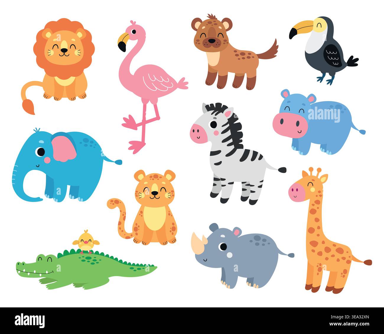 Graziosa collezione di animali africani in stile piatto. Disegni per bambini. Grafica vettoriale, disegnata a mano, isolata su sfondo bianco. Illustrazione Vettoriale