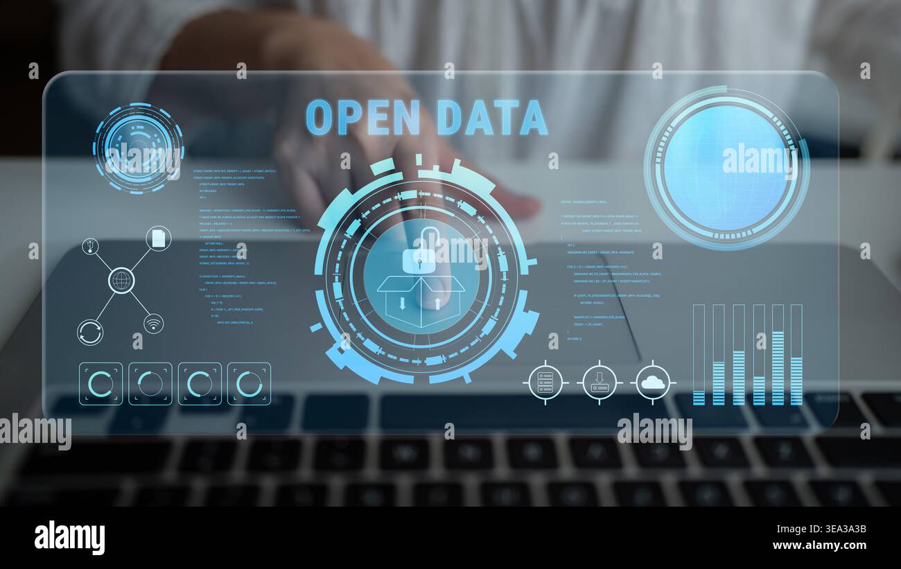 Il concetto di dati aperti per l'informazione pubblica e la trasparenza del governo. Un dashboard per l'accesso e la condivisione di dati aperti gratuiti per la collaborazione Foto Stock