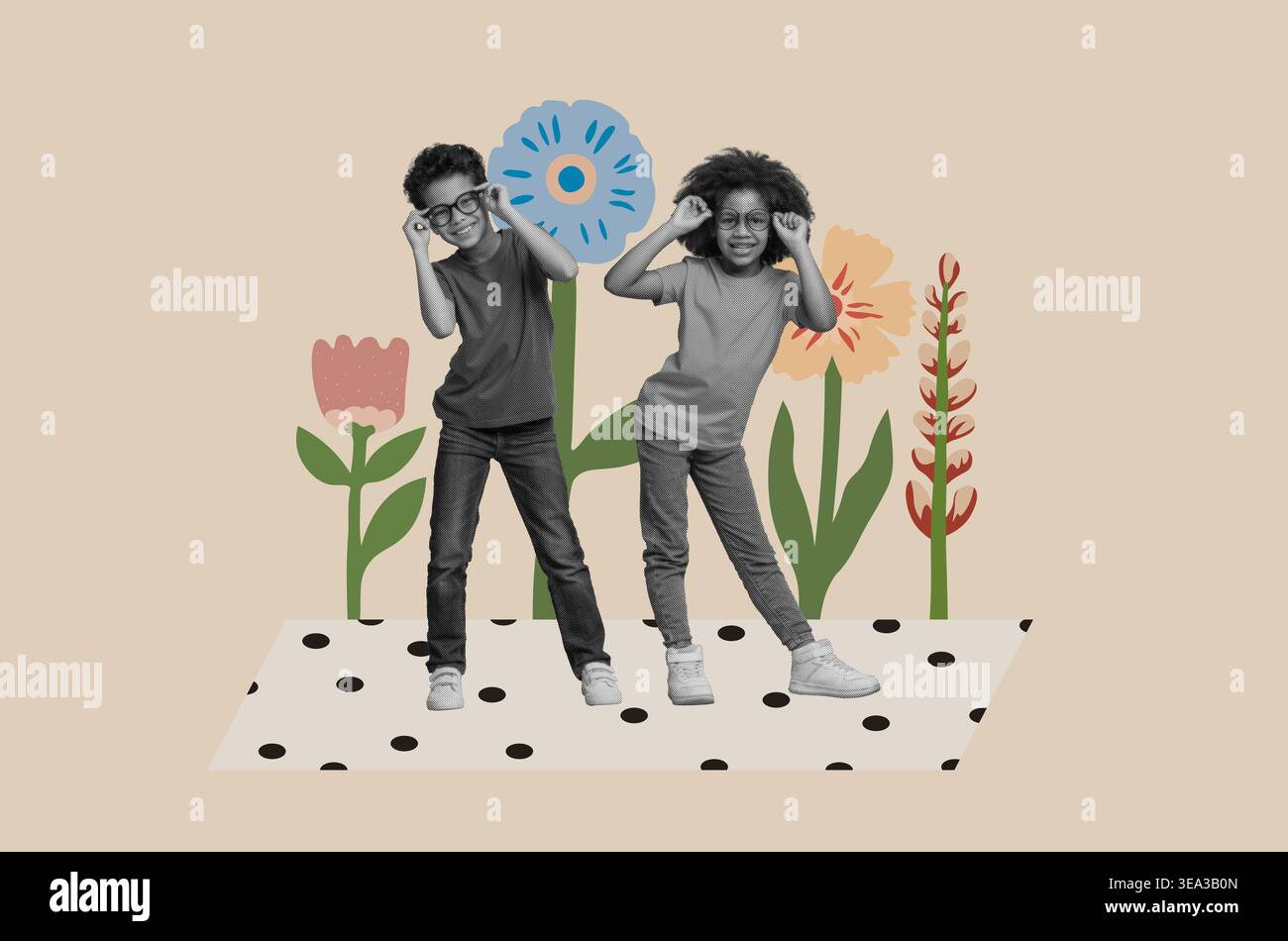 I bambini ballano e posano in un collage con fiori e motivi sullo sfondo Foto Stock