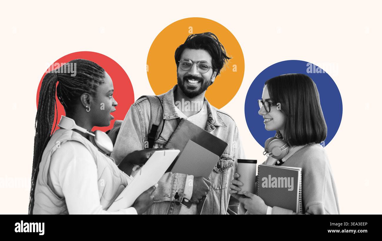 Collage che mostra a tre studenti la condivisione di idee e la discussione di progetti in una sessione di studio Foto Stock