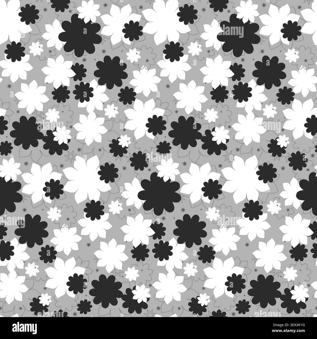 Un motivo senza cuciture mostra una serie di fiori in bianco e nero, di dimensioni variabili, su uno sfondo grigio chiaro. Forme floreali grigie dai contorni sottili e piccoli asterischi aggiungono profondità. Illustrazione Vettoriale