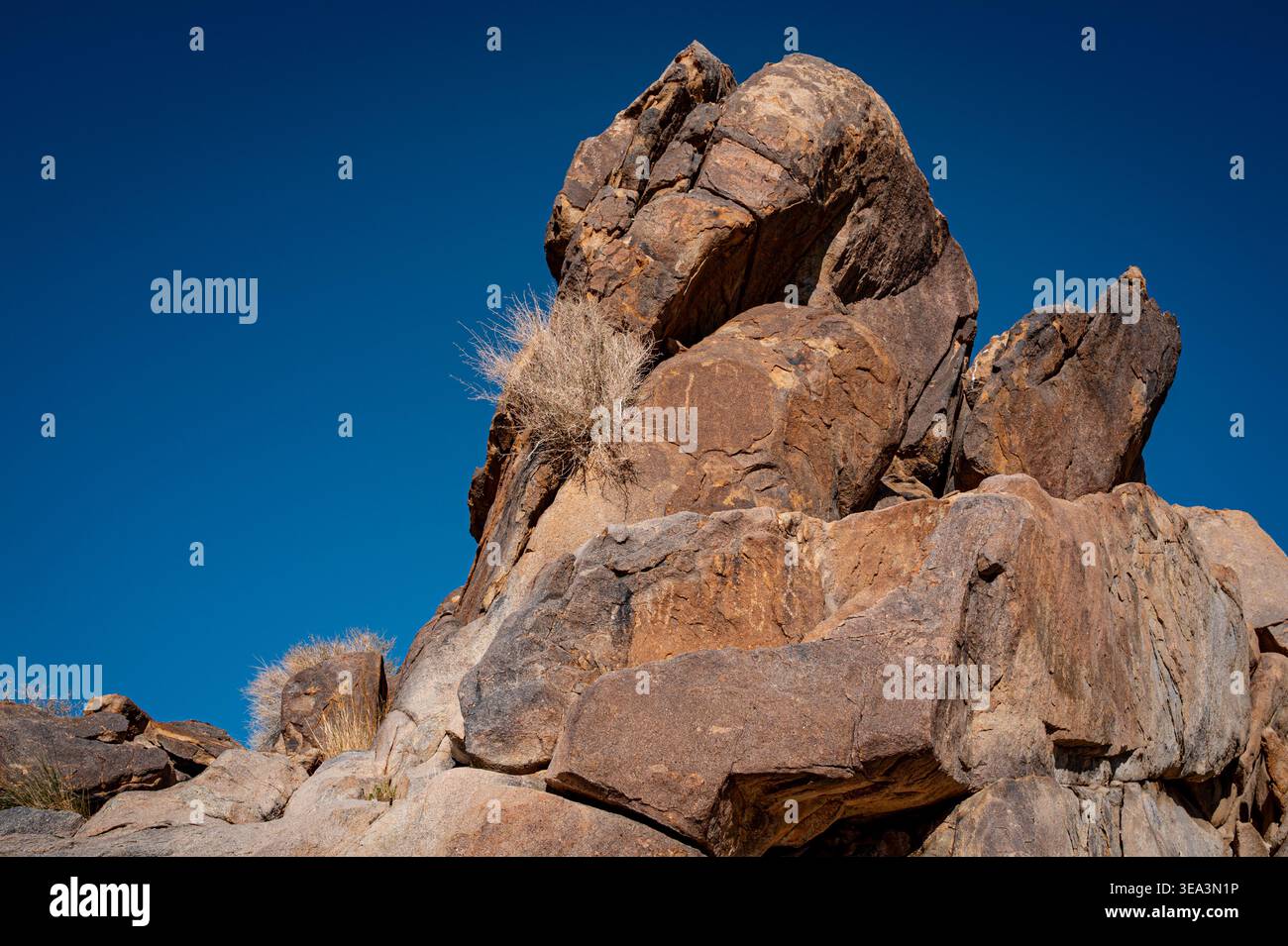 Formazioni rocciose di granito e paesaggi desertici nel Joshua Tree National Park, California, con incisioni rupestri dei nativi americani. Foto Stock
