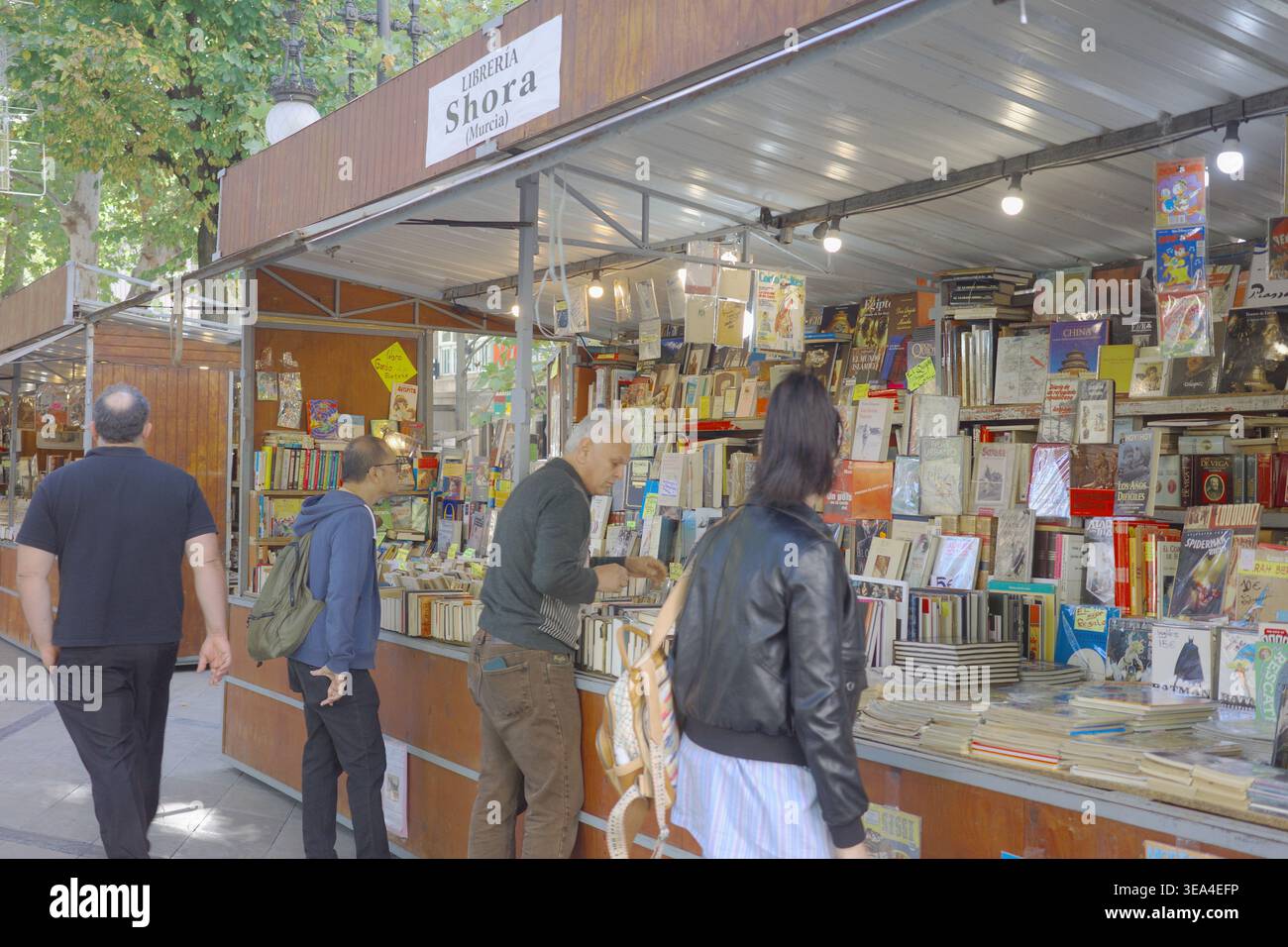 Gli acquirenti che sfoggiano libri di seconda mano presso lo stand all'aperto di Librería Shora durante una fiera del libro di strada nel centro di Granada, in Andalusia, Spagna. Foto Stock