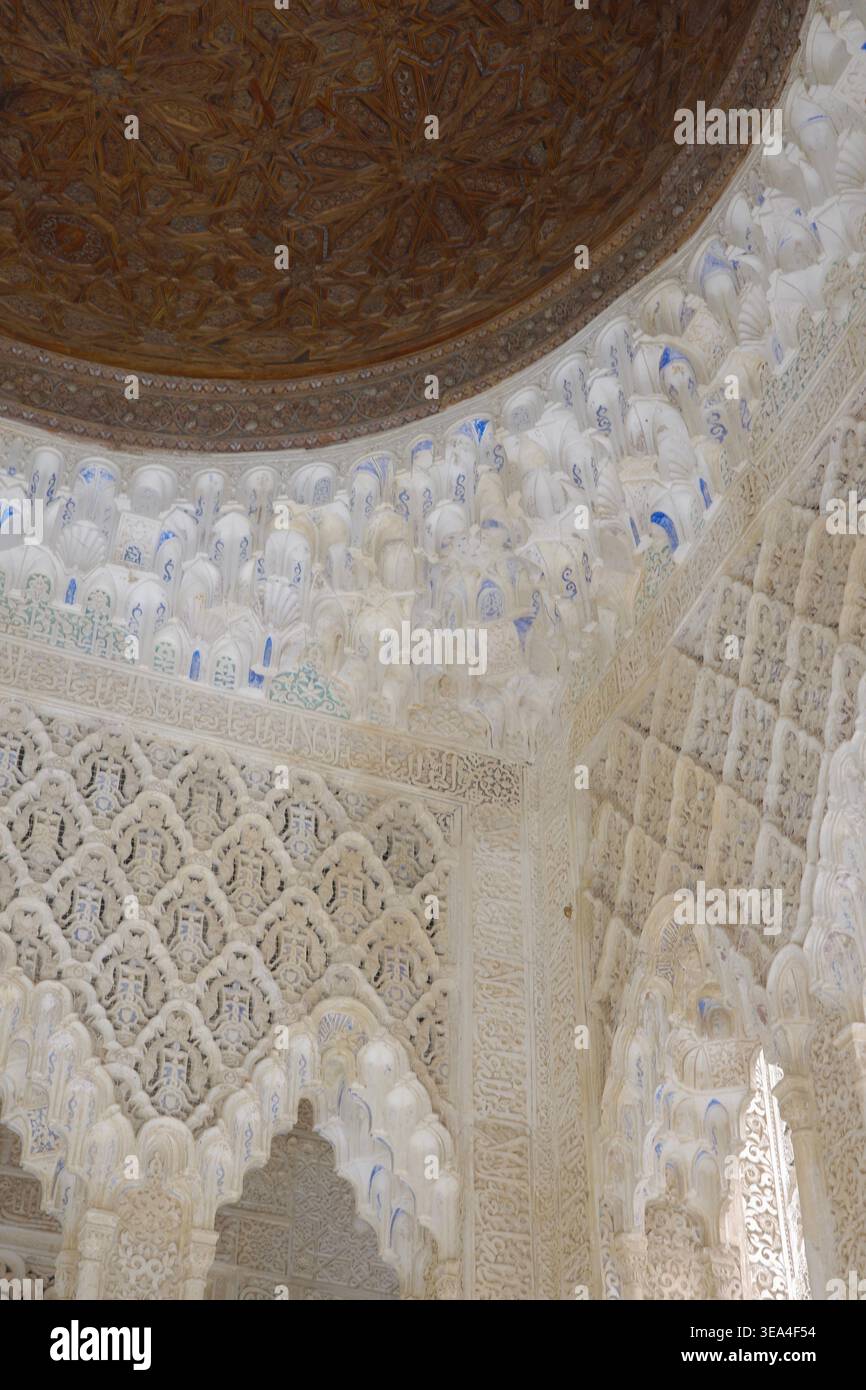 Muqarnas Nasridi bianchi con accenti calligrafici blu sotto una cupola in legno dorato, Corte dei Leoni, Palazzo dell'Alhambra, Granada, Spagna. Foto Stock
