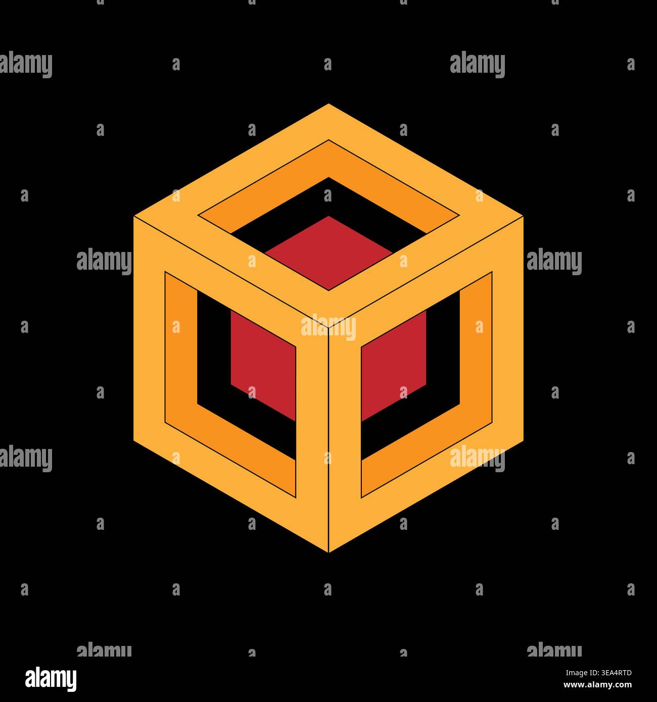 Cubo isometrico sofisticato. Nuclei rossi centrali. Eccezionale vettore arancione. Magnifica illustrazione su sfondo nero. Illustrazione Vettoriale