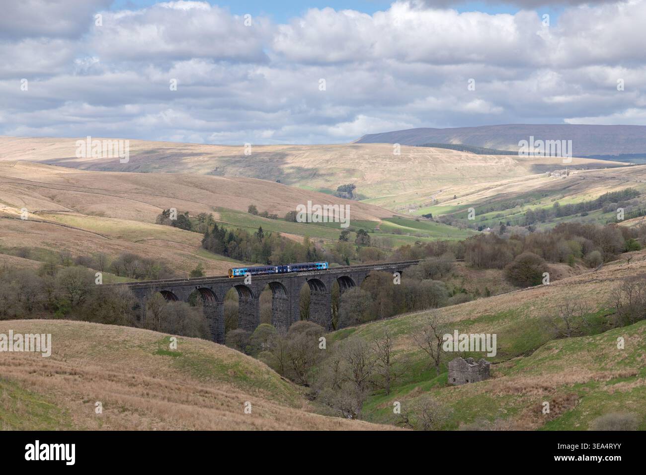 Un servizio Northern Trains è oscurato dalla vista su Dentdale mentre attraversa il viadotto di Dent Head Foto Stock