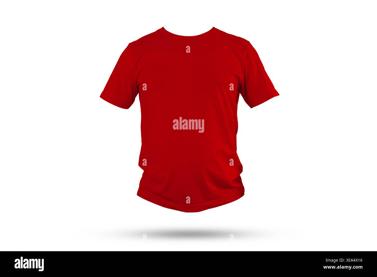Mockup di T-shirt rossa minimalista per la visione frontale che galleggia su uno sfondo grigio chiaro con un'ombra morbida, creato per concetti di branding, posizionamento della stampa, appar Foto Stock
