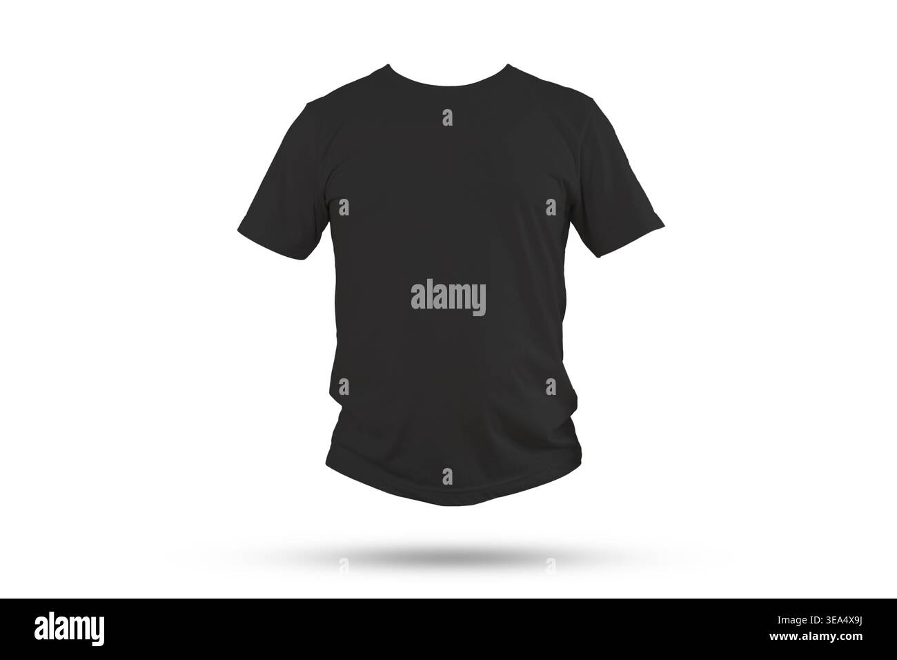 Modello T-shirt nera frontale con un'ombra morbida su sfondo grigio chiaro, ideale per branding, anteprime stampate, marketing di abbigliamento, elenco prodotti Foto Stock