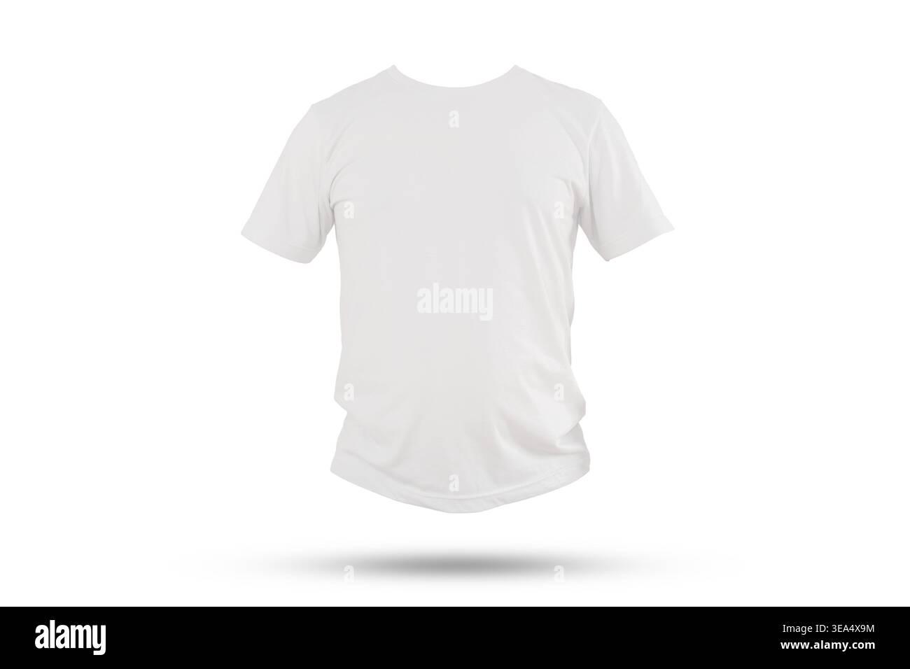 Modello per la vista frontale di una T-shirt bianca bianca fluttuante con un'ombra morbida su sfondo grigio chiaro, adatta per branding, stampa, promozione abbigliamento Foto Stock