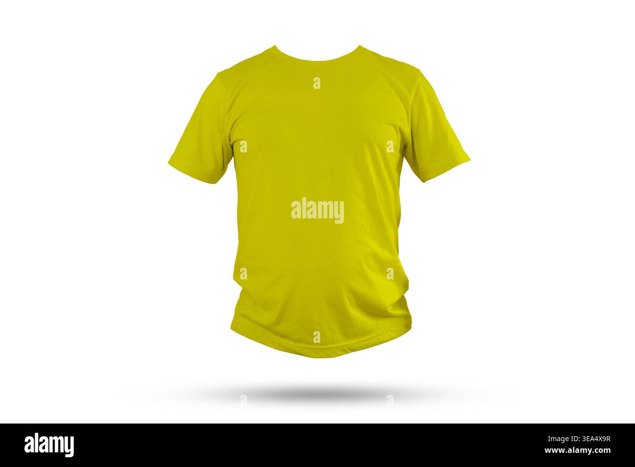 Mockup a T-shirt gialla con vista frontale fluttuante con un'ombra morbida su sfondo grigio chiaro, perfetto per concept di branding, anteprime stampate, promozioni di abbigliamento Foto Stock