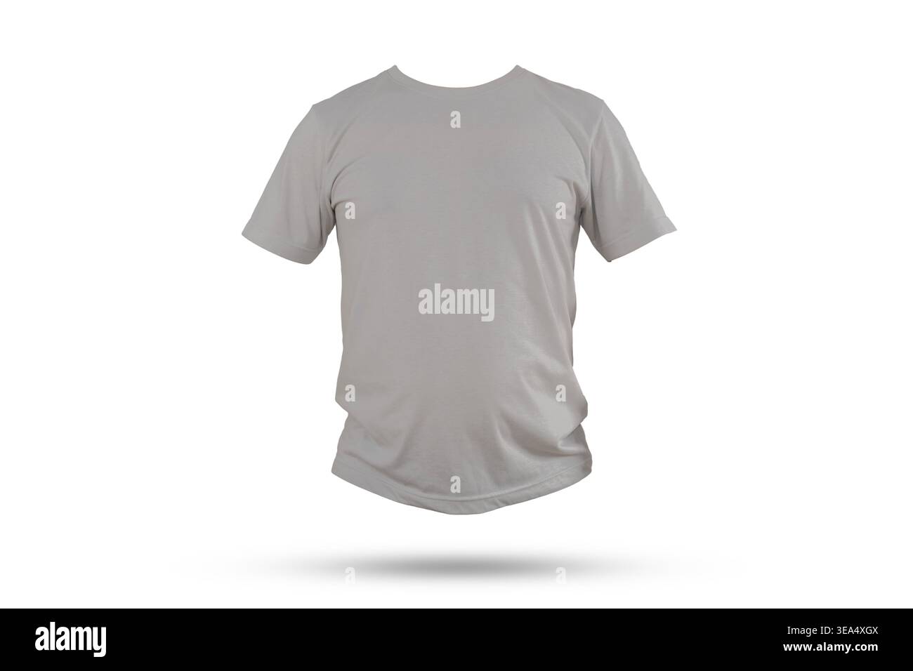 Mockup minimale per la vista frontale di una T-shirt bianca bianca fluttuante con un'ombra morbida su sfondo grigio chiaro, ideale per branding, posizionamento della stampa, apparizione Foto Stock