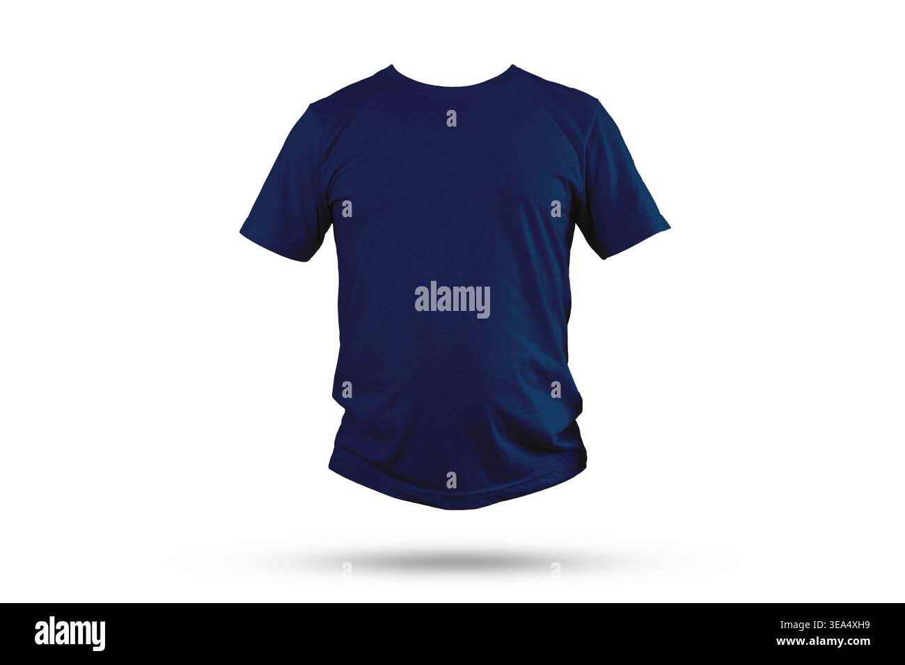 Realistico modello di T-shirt blu navy per la visione frontale che galleggia su uno sfondo grigio chiaro con un'ombra morbida, perfetto per layout di branding, anteprime di stampa, Foto Stock