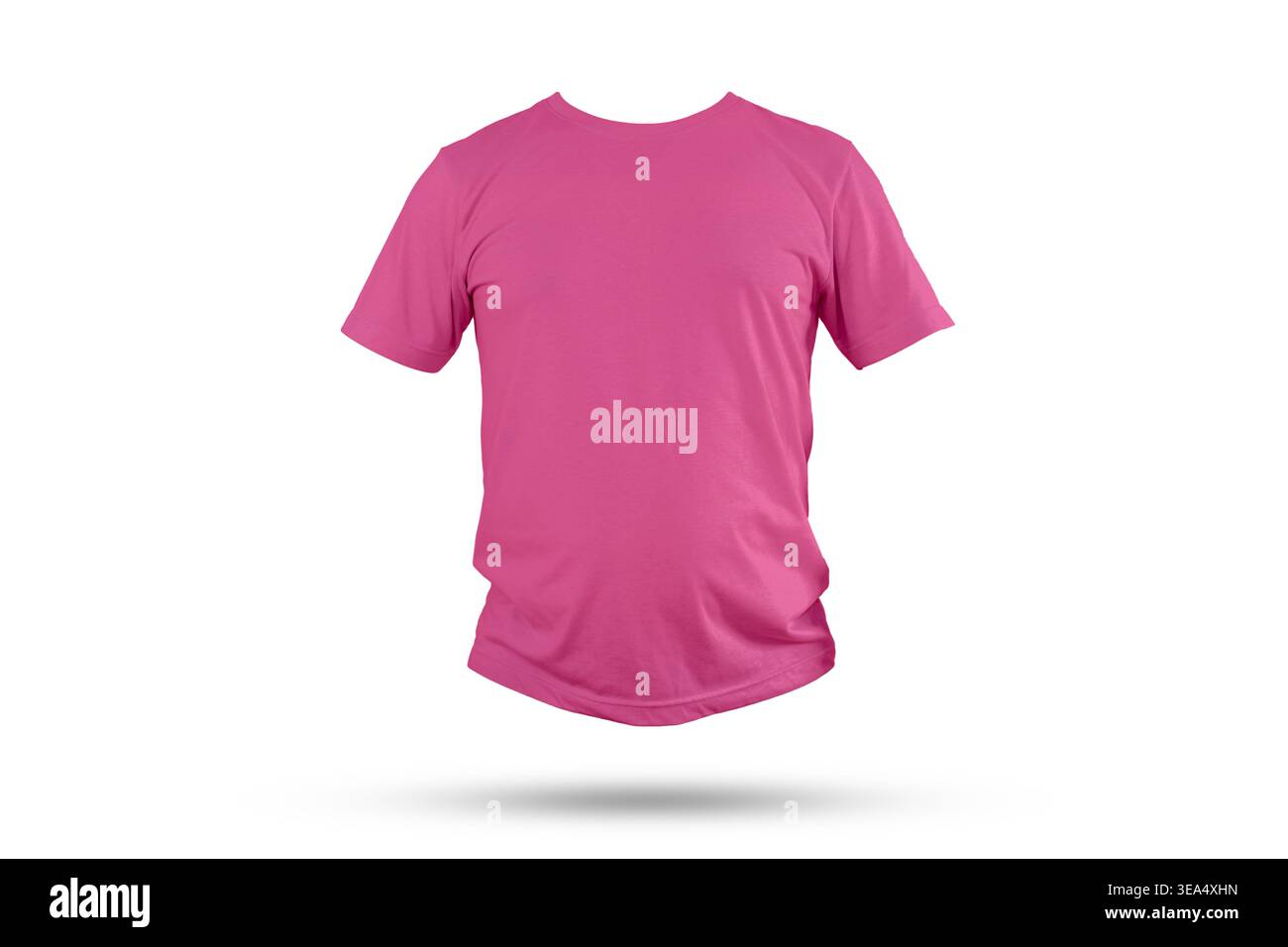 Elegante modello di T-shirt rosa per la visione frontale, sospeso con un'ombra morbida su sfondo grigio chiaro, ideale per idee di branding, anteprime stampate, marca di abbigliamento Foto Stock