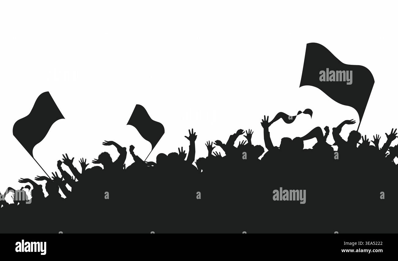 Silhouette vettoriale in bianco e nero di una folla allegra con bandiere ondulate isolate sul bianco. Background dinamico per gli appassionati di sport, concerti musicali, festival, raduni ed eventi pubblici. Illustrazione Vettoriale