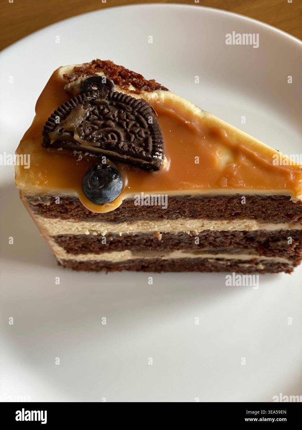 Fetta di torta al cioccolato a strati con rivestimento al caramello, biscotti e mirtilli su piatto bianco, dessert da primo piano Foto Stock