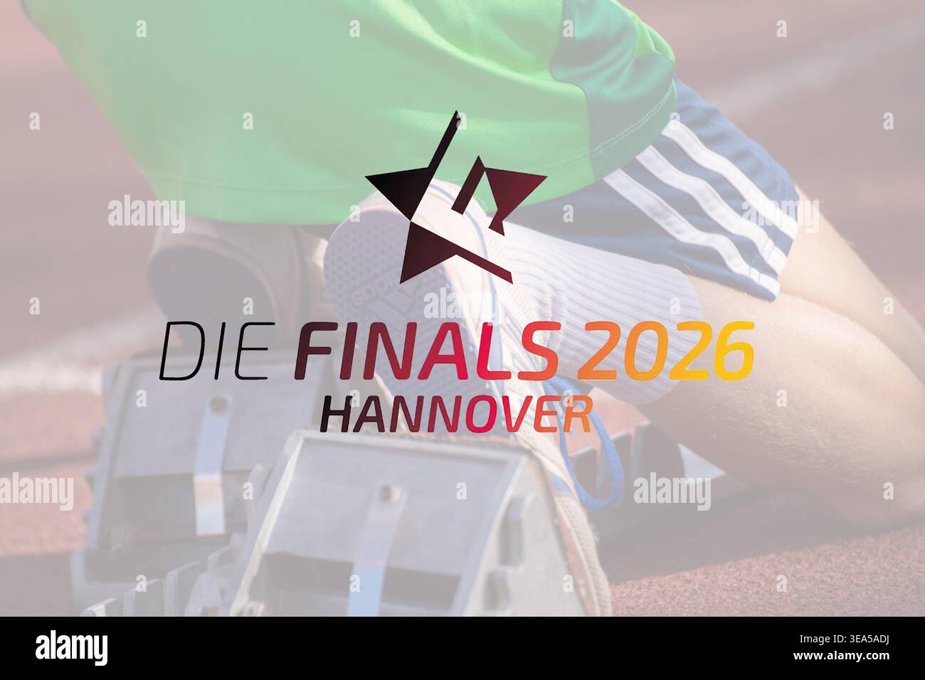 Le finali del 2026 ad Hannover: Logo ufficiale sullo sfondo di un atleta in pista e sul campo Foto Stock