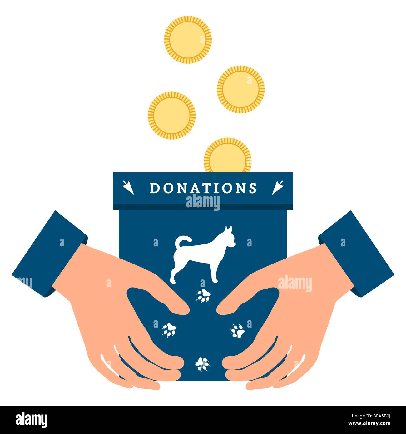 Scatola per donazioni con gettoni e icona del cane, che rappresenta un ente caritatevole per il benessere degli animali Illustrazione Vettoriale