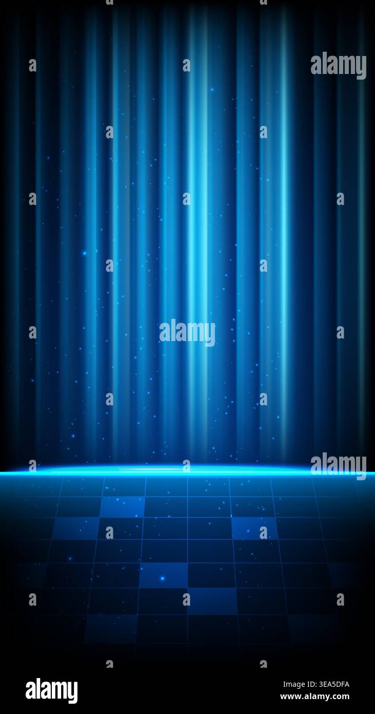 Visualizzazione verticale dello sfondo high tech con fasci di luce, pavimento digitale a griglia e atmosfera futuristica Illustrazione Vettoriale