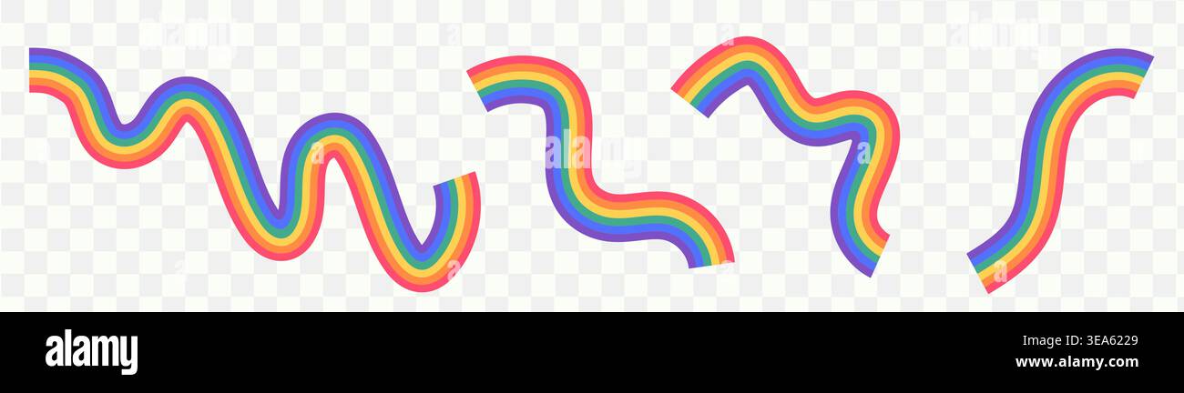 Set di nastri arcobaleno ondulati ed elementi di design del mese dell'orgoglio isolati su sfondo trasparente per la celebrazione lgbtq, la diversità e l'evento inclusivo Illustrazione Vettoriale