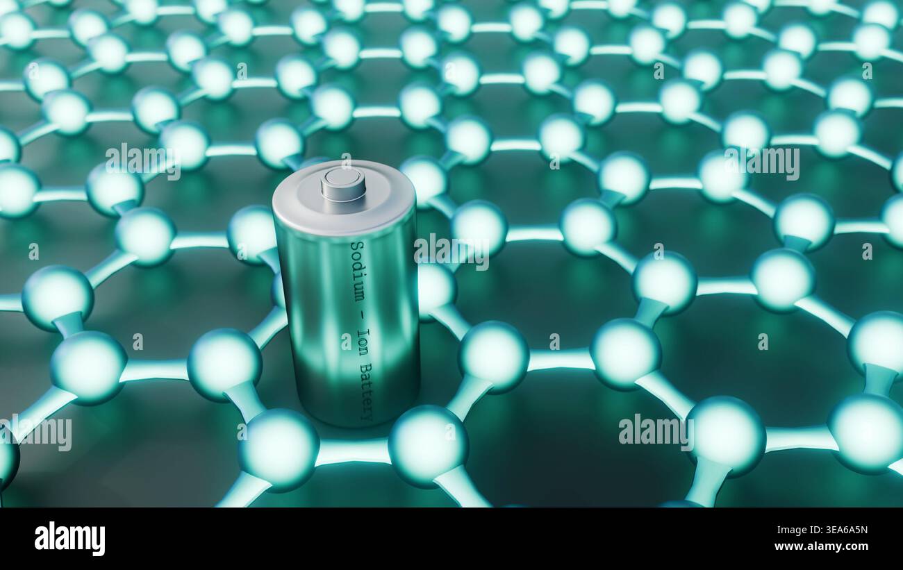 rendering 3d di una batteria agli ioni di sodio argento posizionata su un reticolo di nanofoglio di grafene Foto Stock