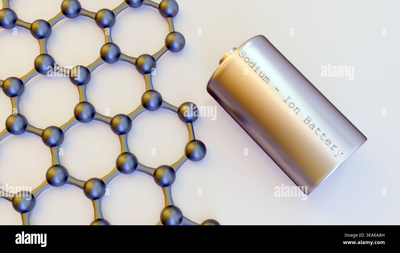 rendering 3d di una batteria agli ioni di sodio argento posizionata su un reticolo di nanofoglio di grafene Foto Stock