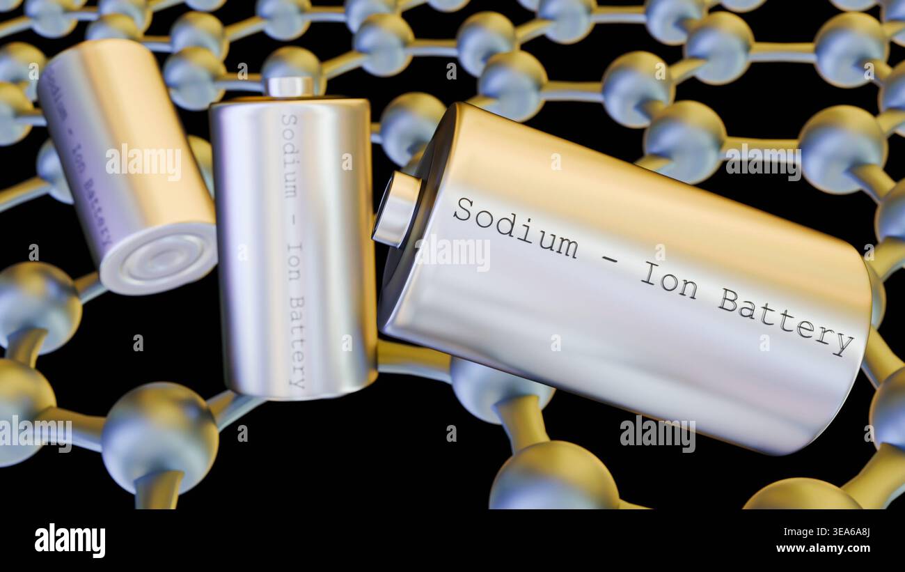 rendering 3d di una batteria agli ioni di sodio argento posizionata su un reticolo di nanofoglio di grafene Foto Stock