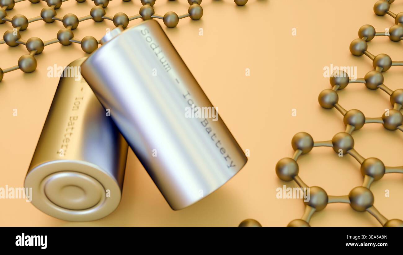 rendering 3d di una batteria agli ioni di sodio argento posizionata su un reticolo di nanofoglio di grafene Foto Stock