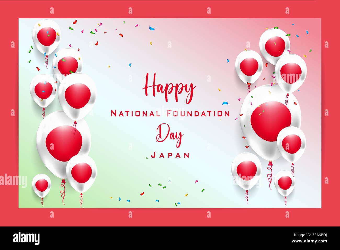 Carta di bandiera a palloncino 3D di alta qualità per il Japan National Foundation Day con colori nazionali audaci ed elementi festivi Illustrazione Vettoriale