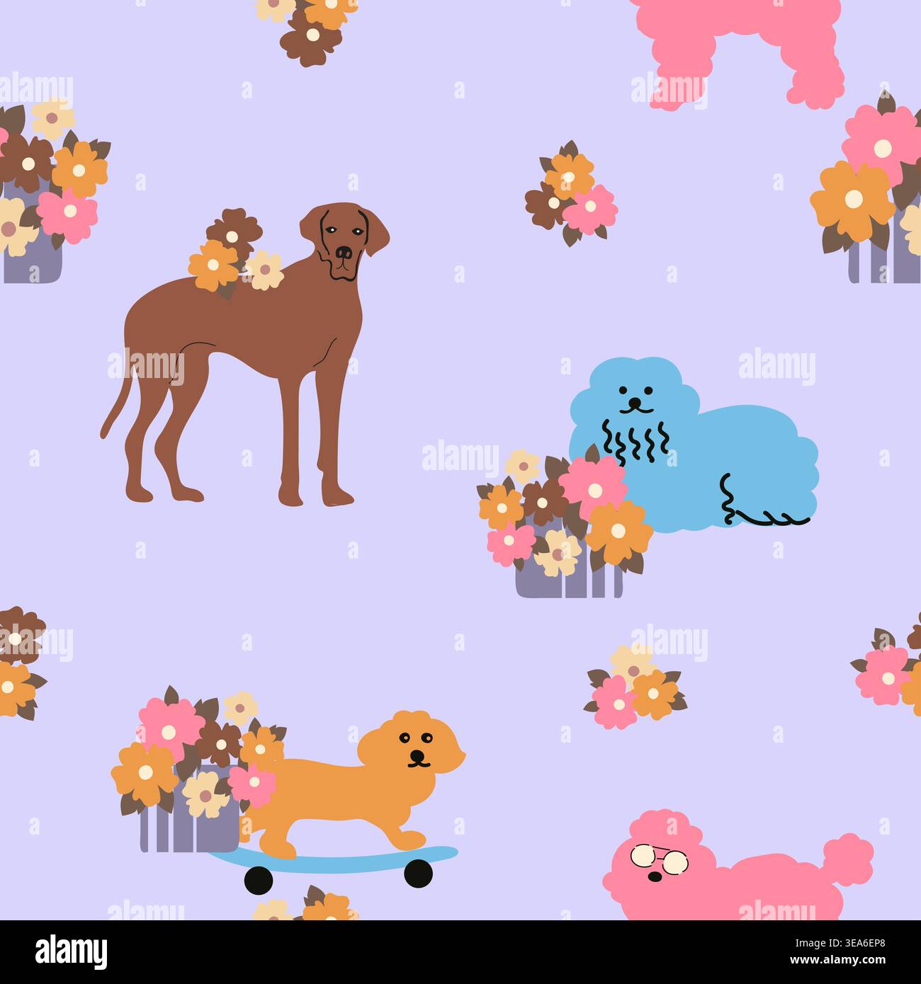 motivo senza cuciture con adorabili illustrazioni di cani, con dettagli divertenti e affascinanti. Perfetto per tessuti, carte da parati, imballaggi e per animali domestici Foto Stock
