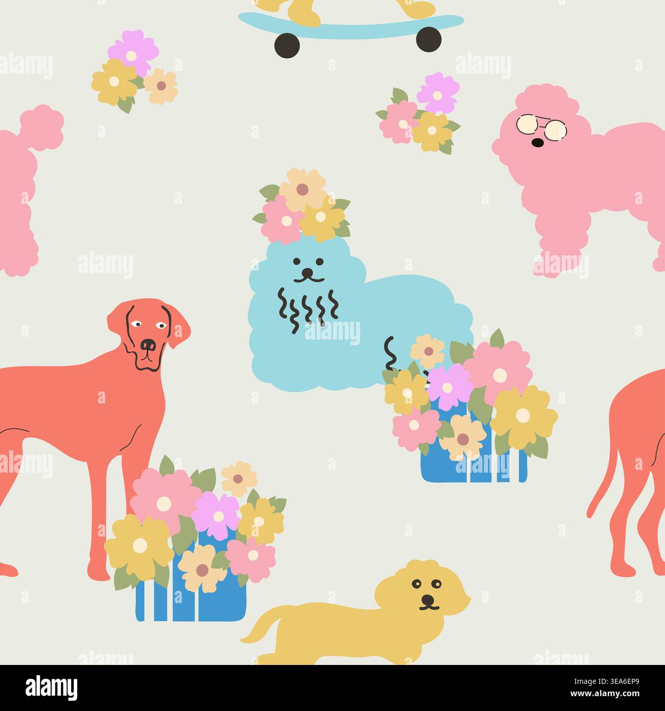 motivo senza cuciture con adorabili illustrazioni di cani, con dettagli divertenti e affascinanti. Perfetto per tessuti, carte da parati, imballaggi e per animali domestici Foto Stock