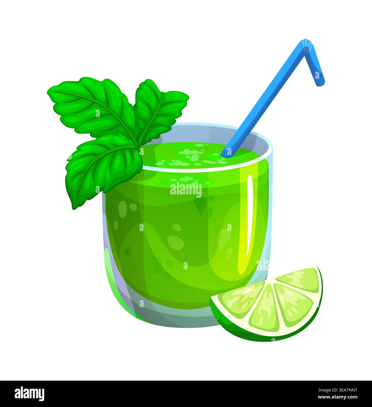 Frullato verde cartoni animati da bere in bicchiere con lime Illustrazione Vettoriale