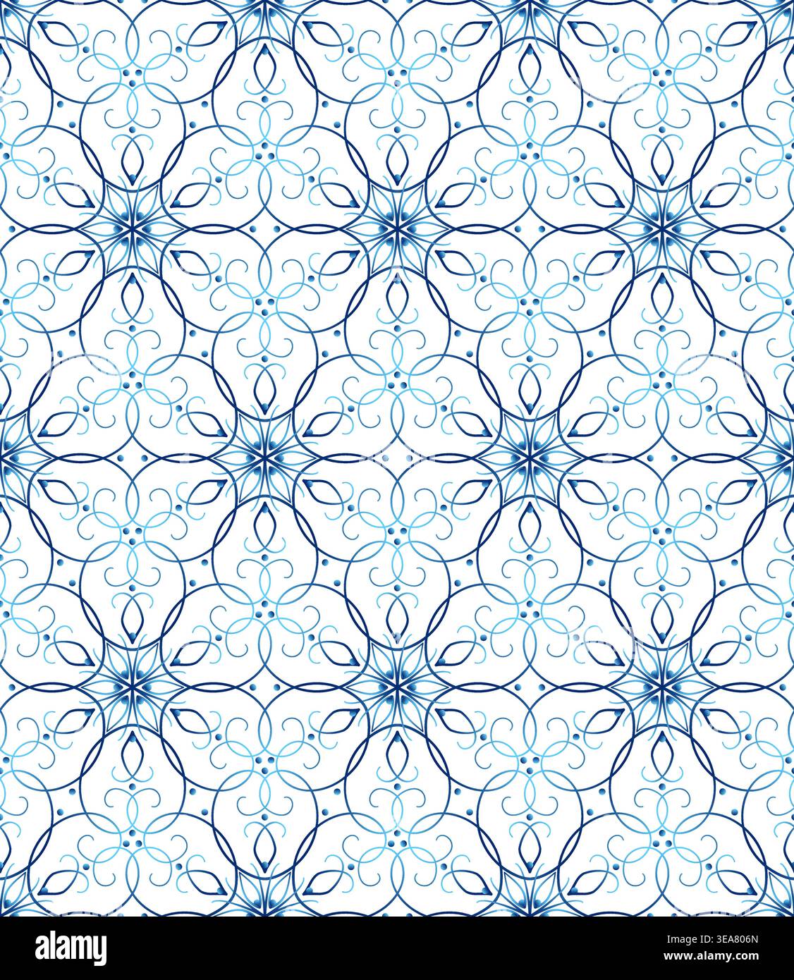 Motivo senza cuciture blu inverno. Eleganti fiocchi di neve blu su sfondo bianco. Pizzo di vortici. Elemento decorativo in pizzo per un'atmosfera invernale Illustrazione Vettoriale