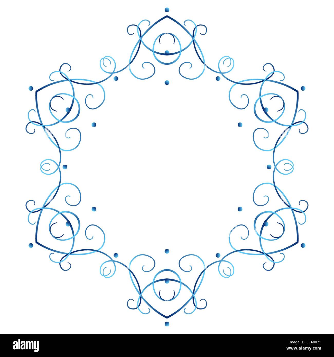 Cornice esagonale sfumata blu su sfondo bianco. Pizzo di delicata vortice. Elemento di design Lacy per un'atmosfera invernale. Elegante fiocco di neve con sei travi. Illustrazione Vettoriale