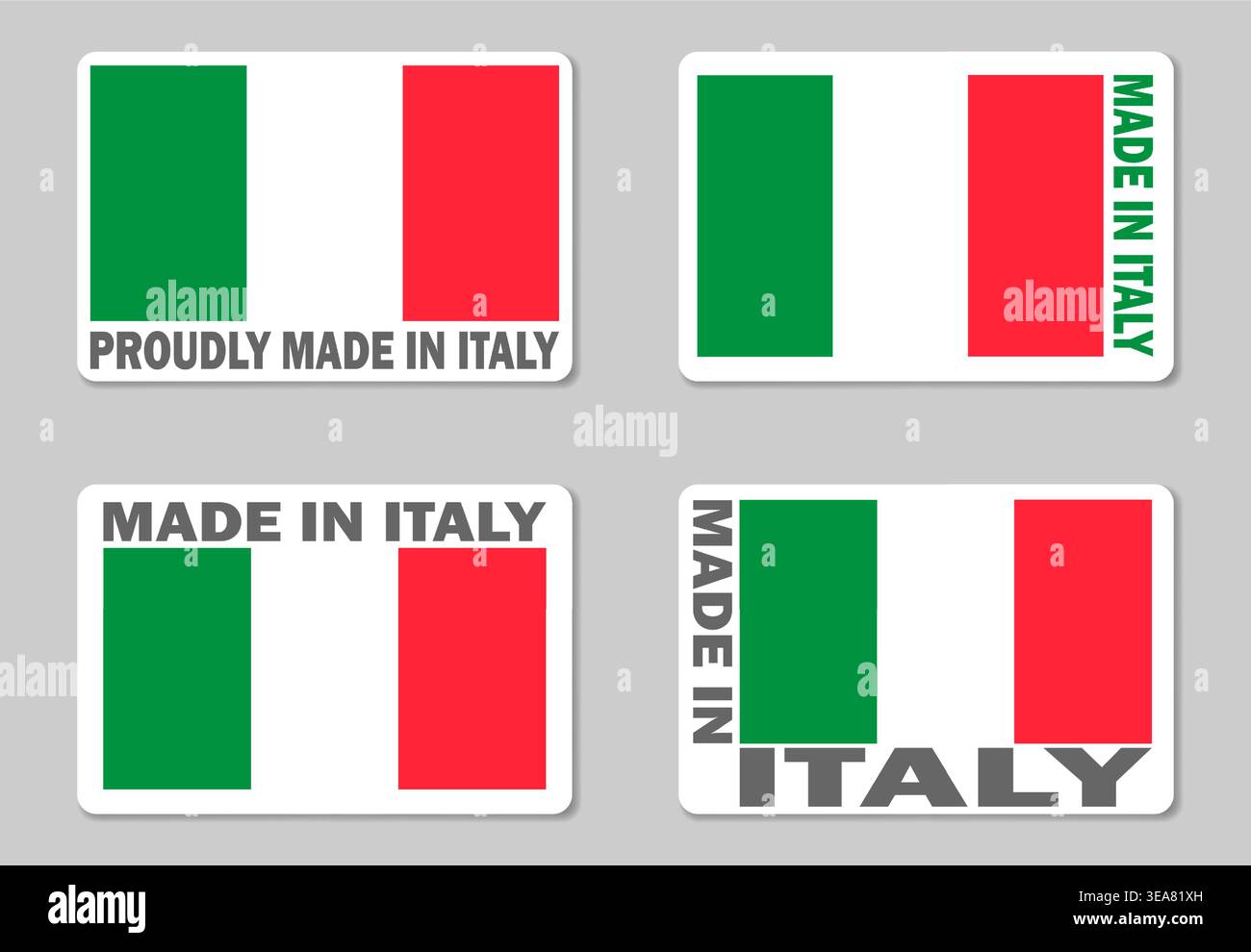 Etichetta adesiva Made in Italy, set vettoriale. Etichetta della merce con bandiera italiana Illustrazione Vettoriale