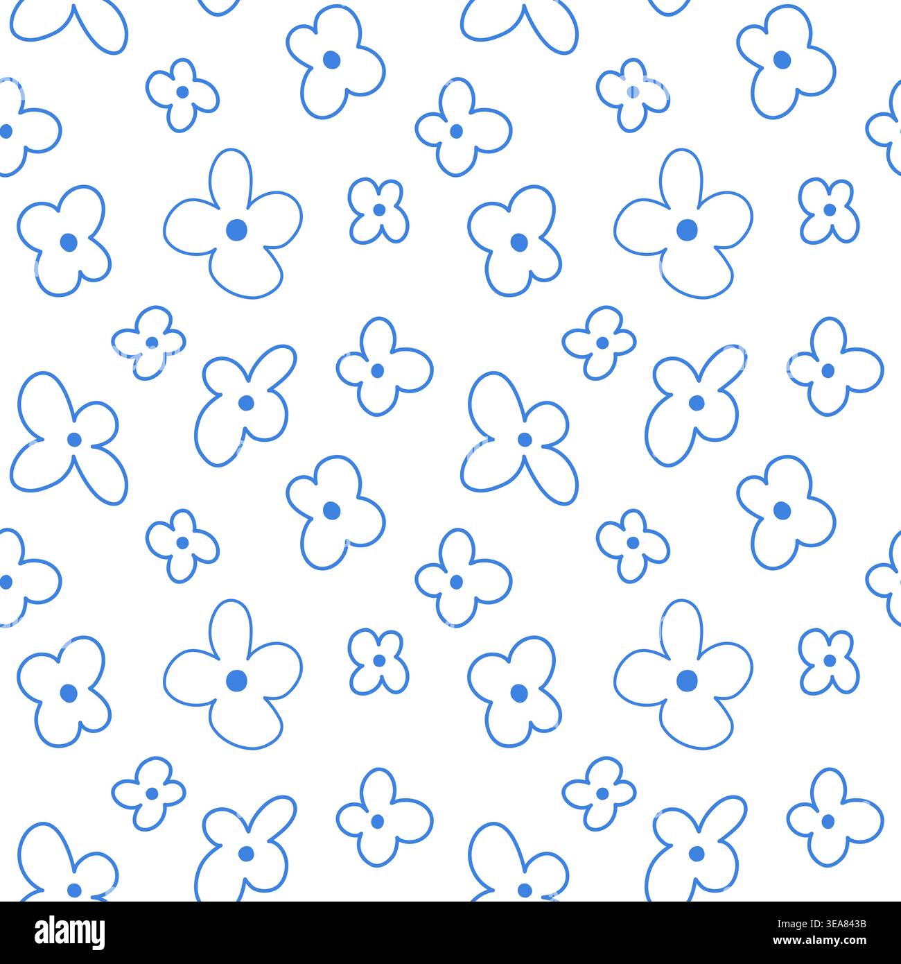Semplici fiori di doodle senza cuciture con contorno blu su margherite bianche per le feste primaverili per tessuti e imballaggi. Illustrazione vettoriale Illustrazione Vettoriale