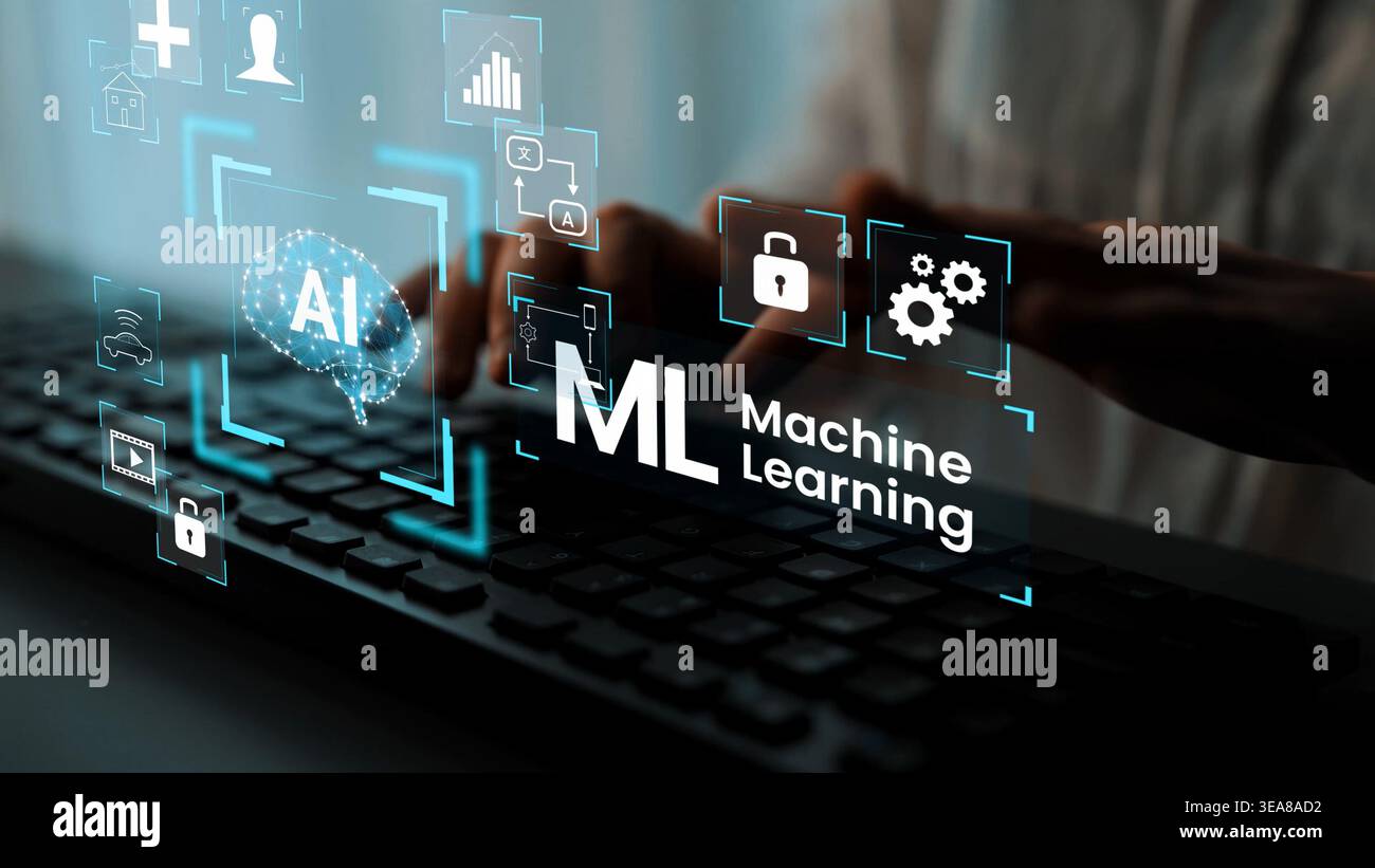 Digitazione manuale sulla tastiera con icone di apprendimento automatico e intelligenza artificiale visualizzate, concetto di analisi dei dati e tecnologia futura in Digital Environment Gluon. Foto Stock