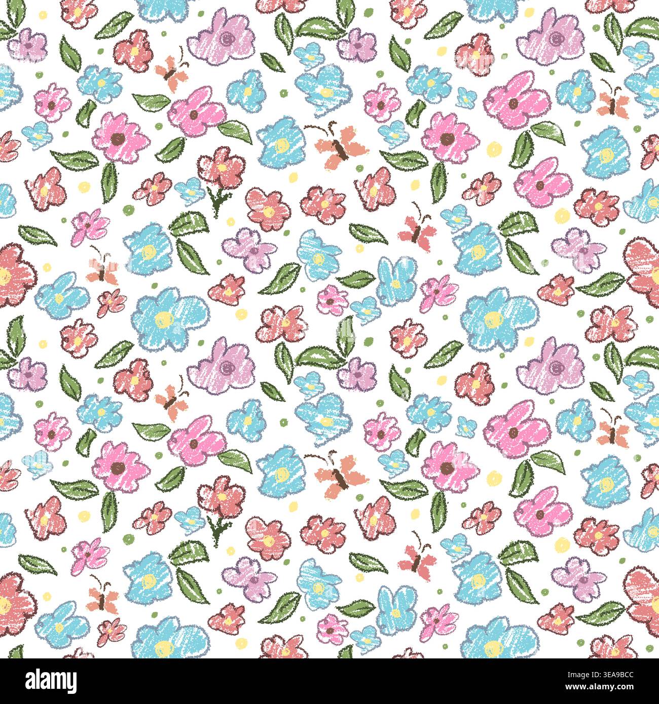 Motivo senza cuciture semplice fiori pastello disegno per bambini con pastelli. Disegnato a mano. Non ai, illustrazione vettoriale. Illustrazione Vettoriale