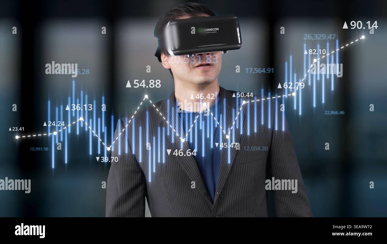 L'uomo d'affari in un visore per la realtà virtuale si occupa della visualizzazione dei dati delle tendenze finanziarie, mostrando l'impatto della tecnologia sull'analisi in un ambiente moderno Foto Stock